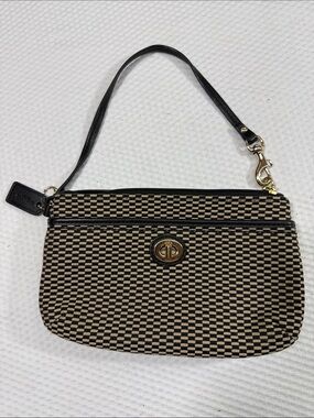 Coach Black & Beige Checker Woven Wristlet
